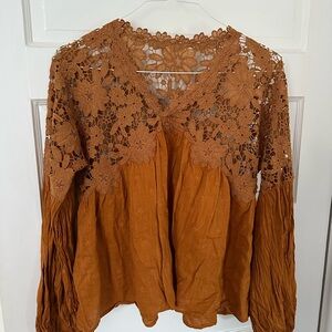 Free People Brown Lace Ruffled Blouse